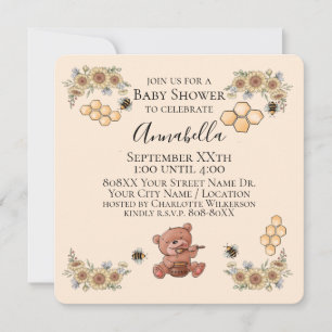 Cute Honey Bear & Bees with Sunflowers Baby Shower Invitation