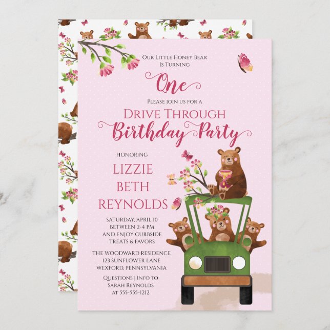 Cute Honey Bear Drive Through Girl Birthday Party  Invitation (Front/Back)