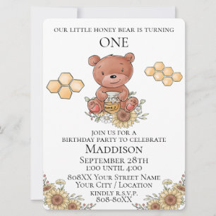 Cute Honey Bear with Sunflowers and Honeycomb Invitation