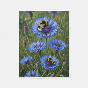 Cute Honey Bee Among Blue Cornflowers Fleece Blank Blanket