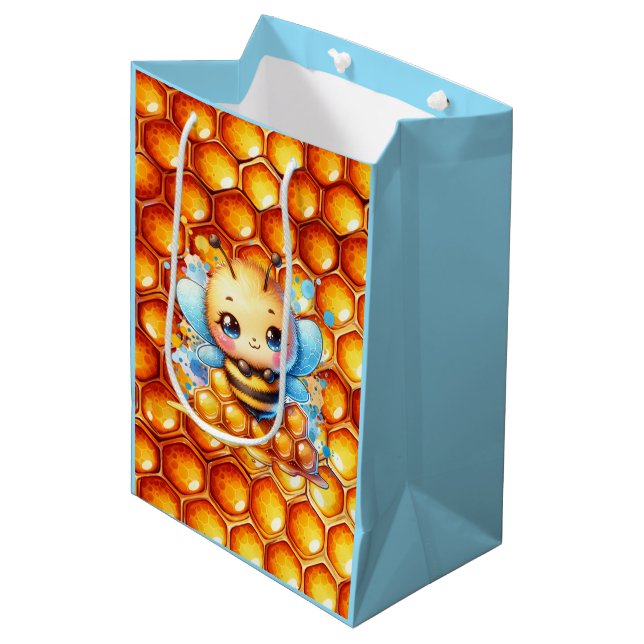 Cute Honey bee and Honeycomb Themed Baby Shower Medium Gift Bag (Front Angled)