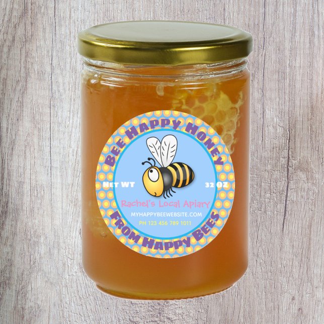 Cute honey bee apairy blue cartoon illustration classic round sticker (Start your honey business buzzing with these cute bee labels!)