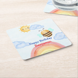 Cute honey bee Bee Birthday Party Square Paper Coaster