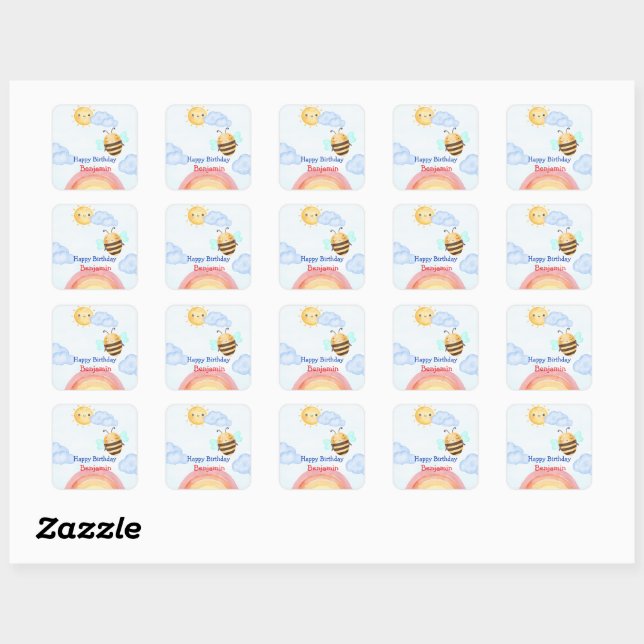 Cute honey bee Bee Birthday Party Square Sticker (Sheet)