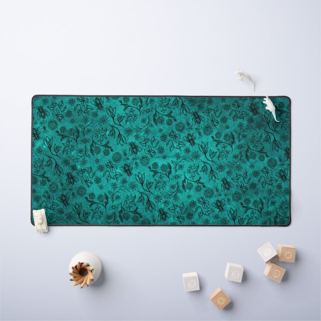  Cute Honey Bee Floral Print Boho Trendy Blue Teal Desk Mat (Kids Table)
