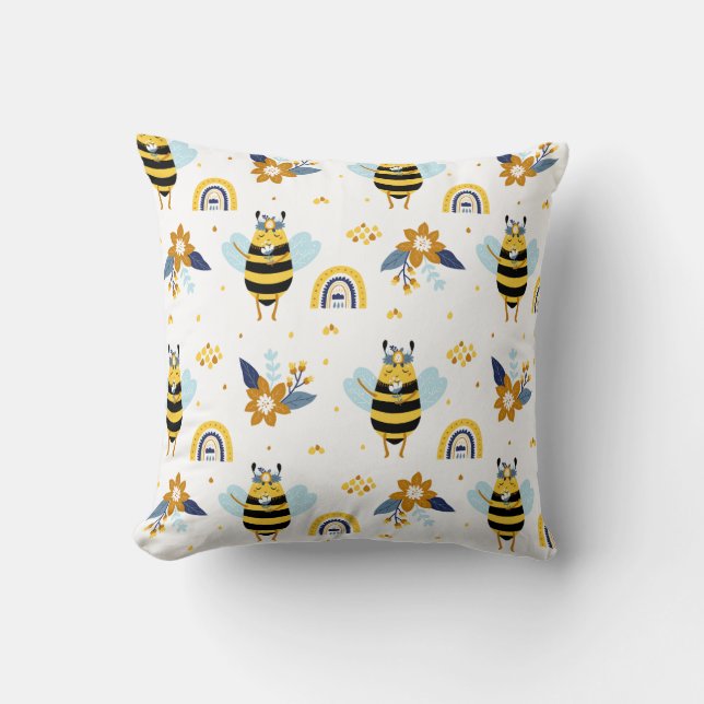 Cute Honey Bee Floral Rainbow Pattern Cushion (Front)