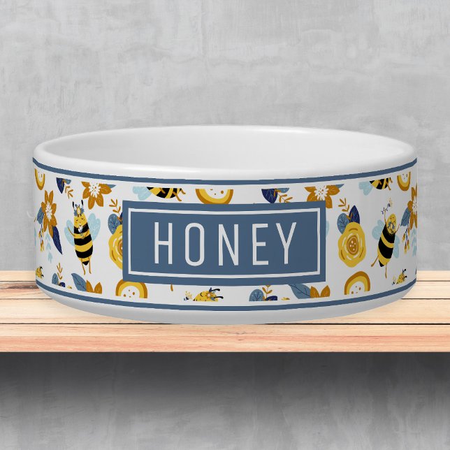 Cute Honey Bee Pattern Name Template Pet Bowl (Creator Uploaded)