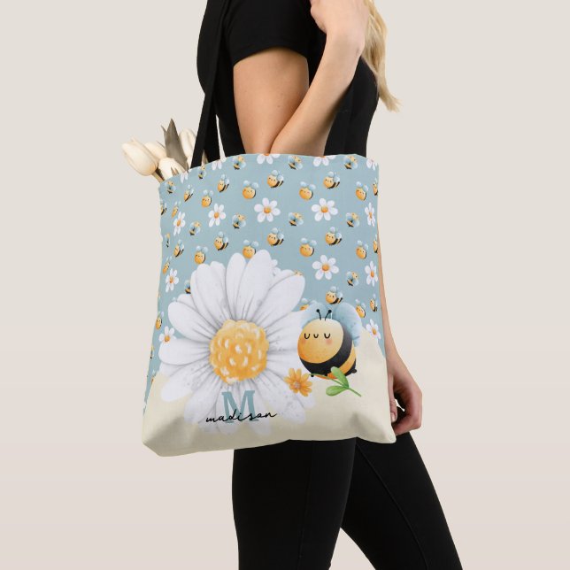 Cute Honey Bee Pattern With Name Tote Bag (Close Up)