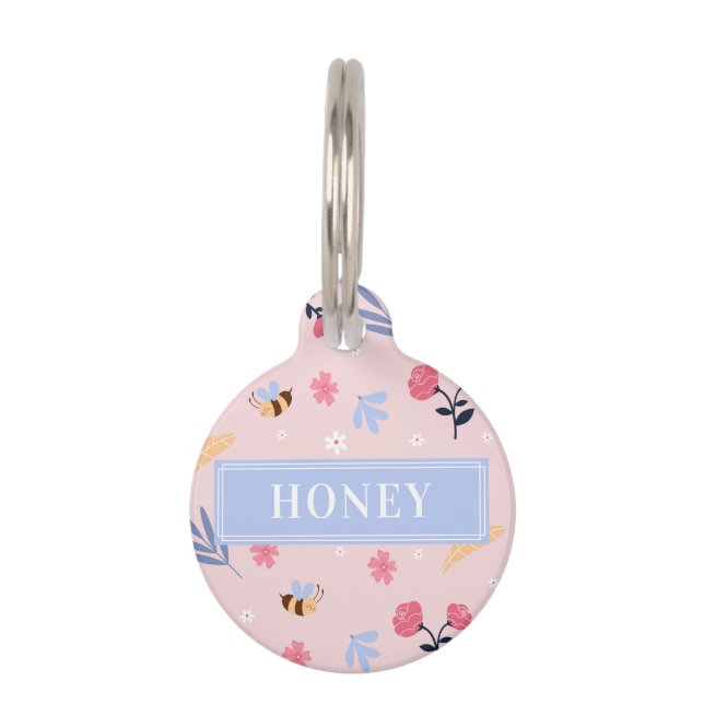 Cute Honey Bee Pink Flowers Round Pet Tag (Front)