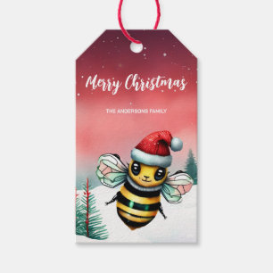 Cute honey bee Santa Christmas party Snow kids Gift Tags