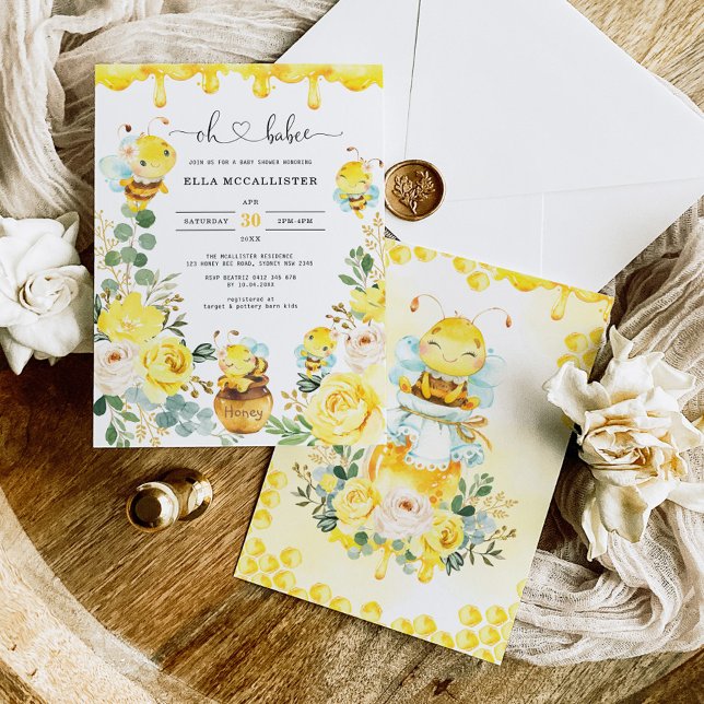 Cute Honey Bee Yellow Floral Greenery Baby Shower Invitation (Creator Uploaded)