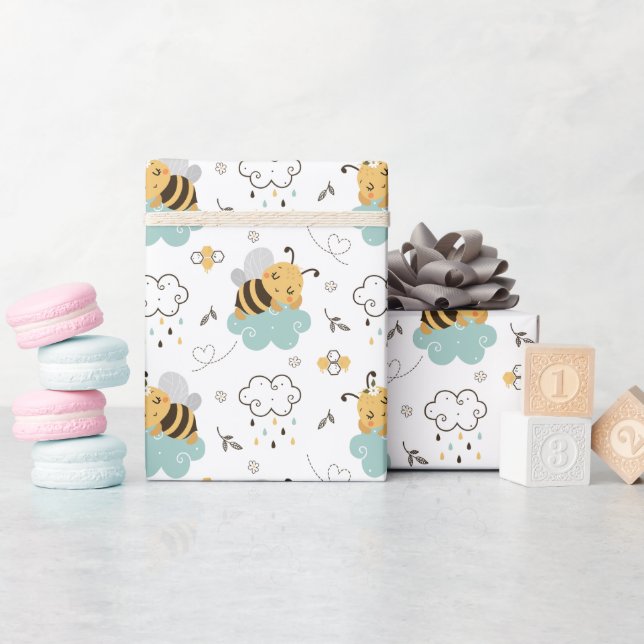 Cute Honey Bee Yellow Teal Grey Baby Shower  Wrapping Paper (Baby Shower)