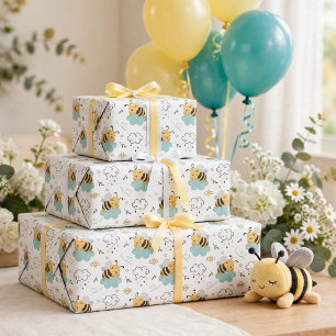 Cute Honey Bee Yellow Teal Grey Baby Shower Wrapping Paper