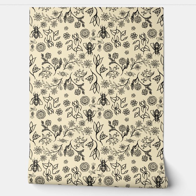    Cute Honey Bees Boho Floral Modern Light Yellow Wallpaper (Unrolling)