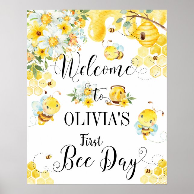 Cute Honey Bees First 1st Birthday Welcome Sign (Front)