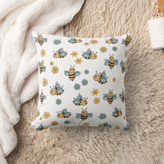 Cute Honey Bees & Floral Wildflowers Cushion (Blanket)