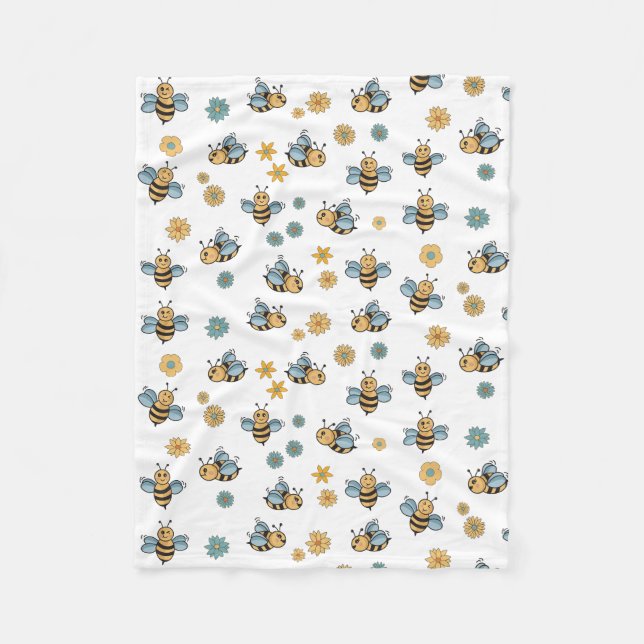 Cute Honey Bees & Floral Wildflowers Fleece Blanket (Front)