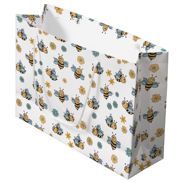 Cute Honey Bees & Floral Wildflowers Large Gift Bag (Front Angled)