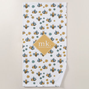 Cute Honey Bees & Floral Wildflowers Monogram Beach Towel