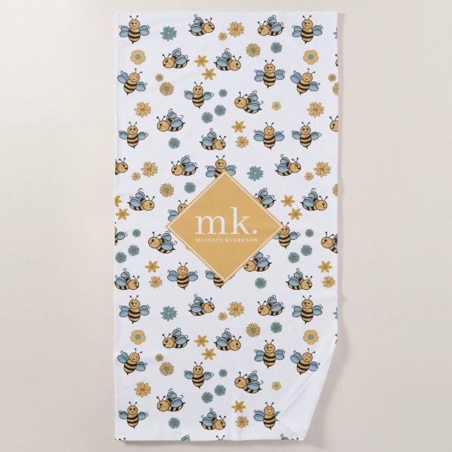 Cute Honey Bees & Floral Wildflowers Monogram Beach Towel (Front)