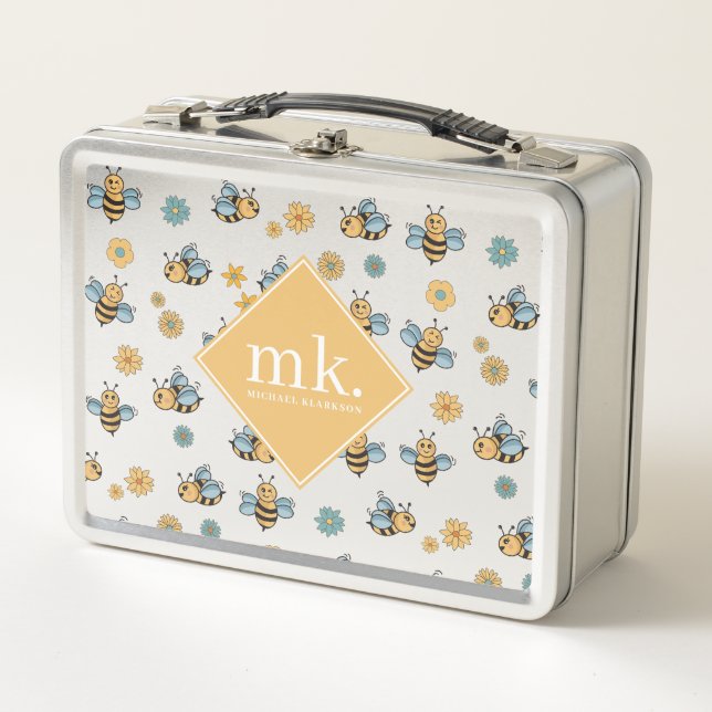 Cute Honey Bees & Floral Wildflowers Monogram Metal Lunch Box (Front)