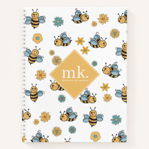 Cute Honey Bees & Floral Wildflowers Monogram Notebook
