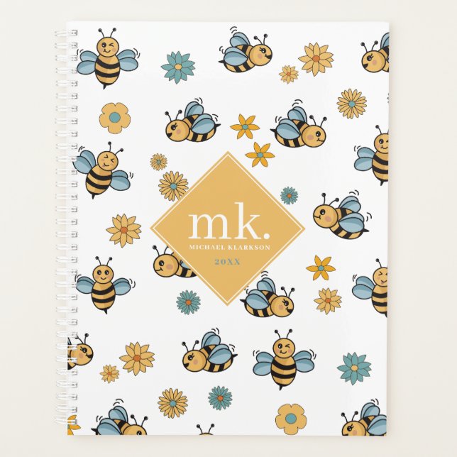 Cute Honey Bees & Floral Wildflowers Monogram Planner (Front)