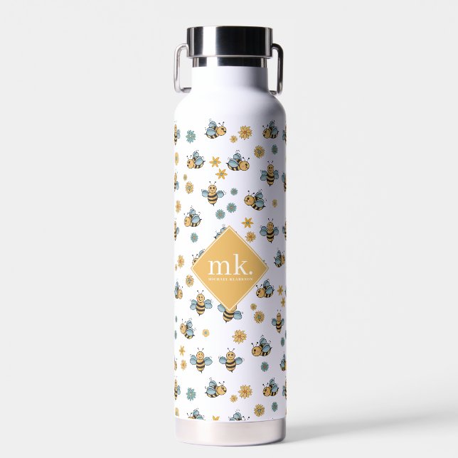 Cute Honey Bees & Floral Wildflowers Monogram Water Bottle (Front)