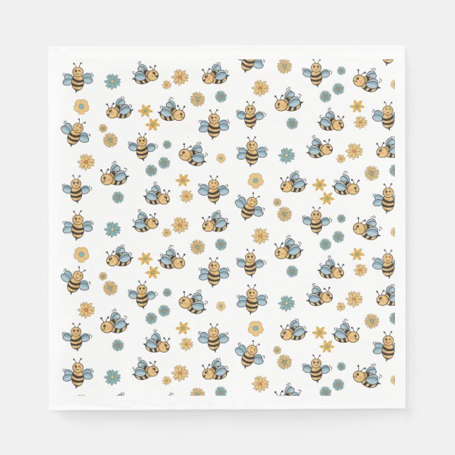 Cute Honey Bees & Floral Wildflowers Napkin (Front)