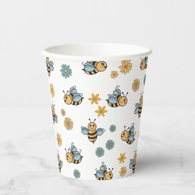 Cute Honey Bees & Floral Wildflowers Paper Cups (Front)