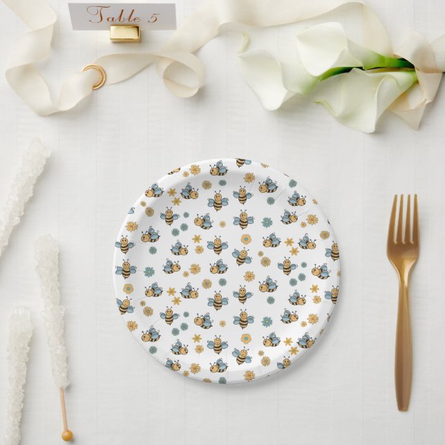 Cute Honey Bees & Floral Wildflowers Paper Plate (Wedding)