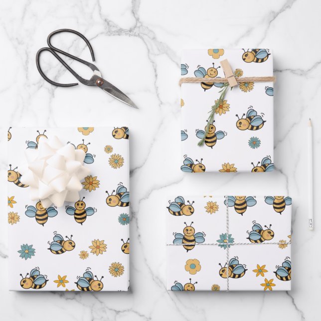 Cute Honey Bees & Floral Wildflowers Wrapping Paper Sheet (Front)