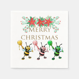 Cute Honey Bees Gold Merry Christmas   Napkin