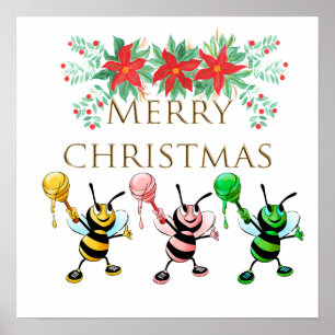 Cute Honey Bees Gold Merry Christmas  Poster