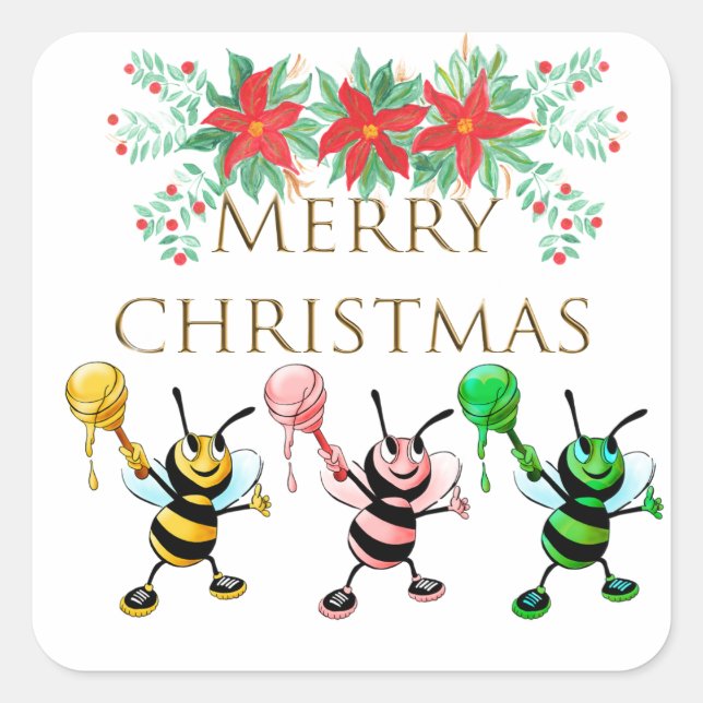 Cute Honey Bees Gold Merry Christmas   Square Sticker (Front)