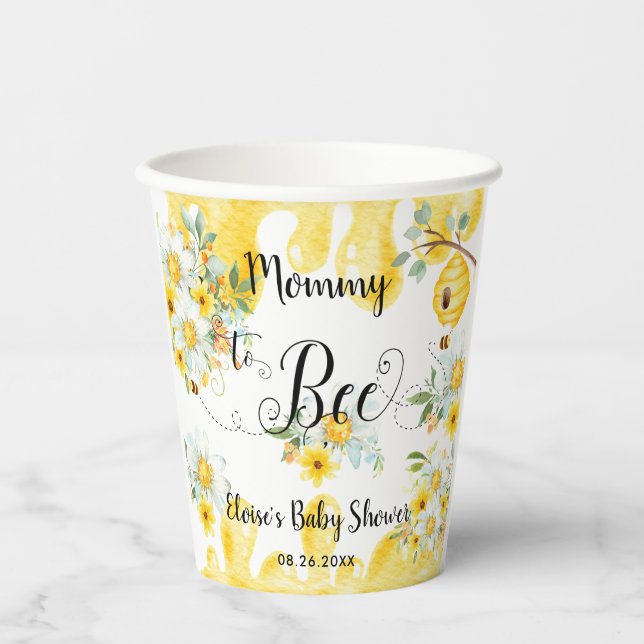 Cute Honey Bees Yellow Floral Baby Shower Paper Cups (Front)