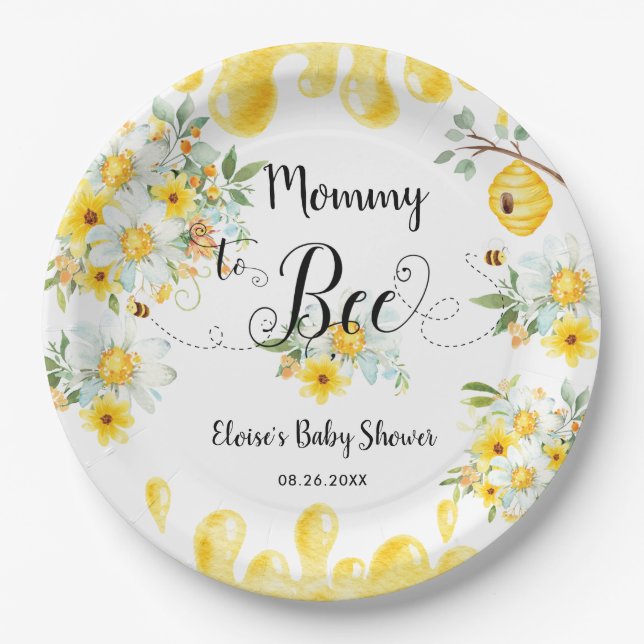 Cute Honey Bees Yellow Floral Baby Shower Paper Plate (Front)