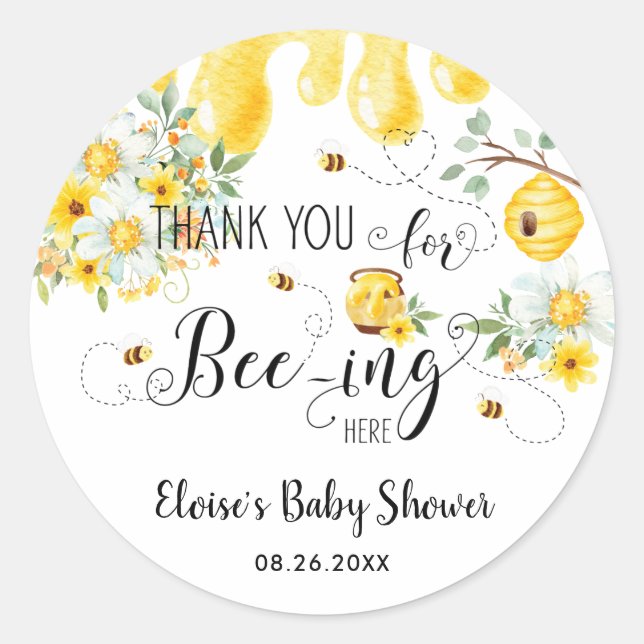 Cute Honey Bees Yellow Floral Birthday Baby Shower Classic Round Sticker (Front)
