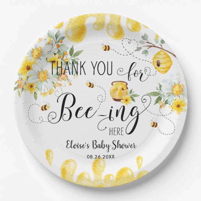 Cute Honey Bees Yellow Floral Birthday Baby Shower Paper Plate (Front)