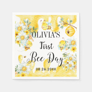 Cute Honey Bees Yellow Floral Birthday Napkin