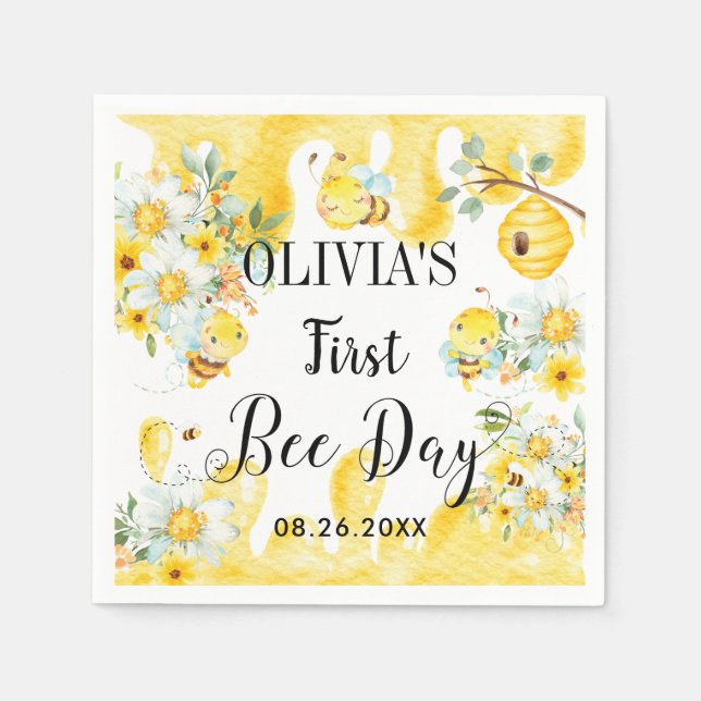 Cute Honey Bees Yellow Floral Birthday Napkin (Front)