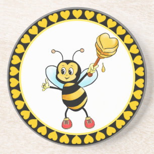 Cute Honey Bumble Bee & Hearts on Black & Yellow Coaster