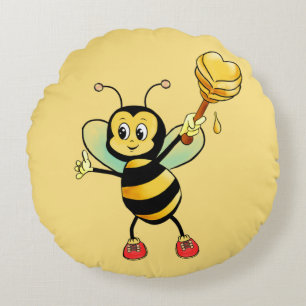 Cute Honey Bumble Bee with Heart on Golden Beige Round Cushion