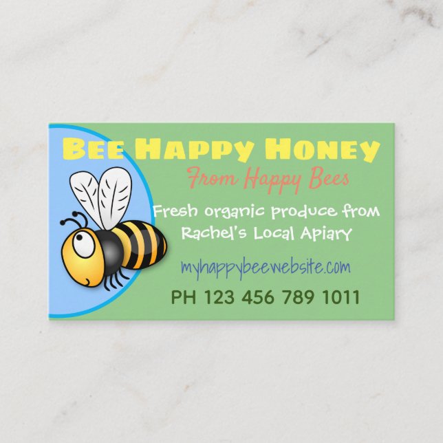 Cute honey for sale bee apiary produce cartoon business card (Front)