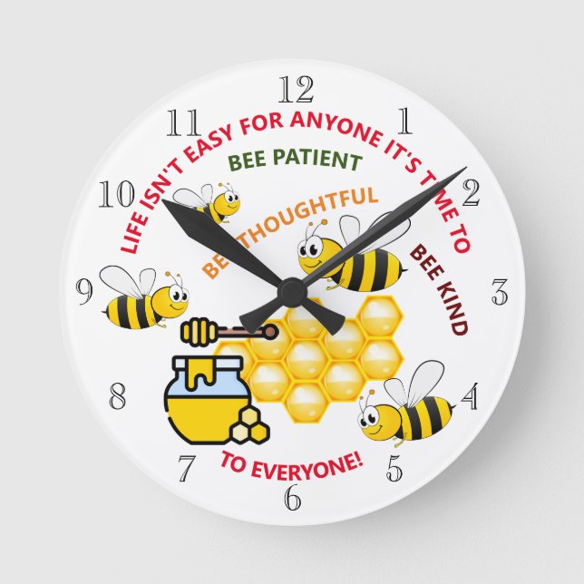 Cute Honeybee, fun design motivational slogan Round Clock (Front)