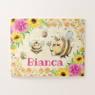 Cute Honeycomb, Bees & Sunflowers Kids Name Jigsaw Puzzle