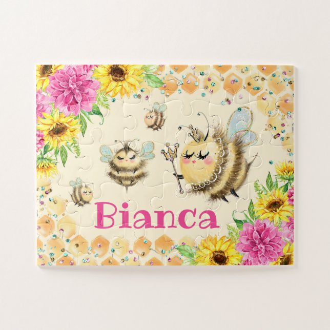 Cute Honeycomb, Bees & Sunflowers Kids Name Jigsaw Puzzle (Horizontal)