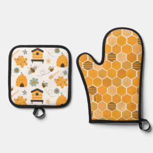 Cute Honeycomb Happy Funny Bee Yellow Pattern Oven Mitt & Pot Holder Set