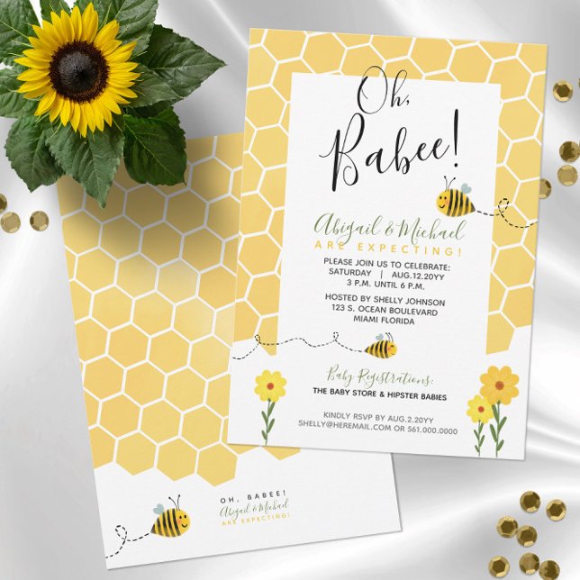 Cute Honeycomb Watercolor Bumble Bee Baby Shower Invitation (Cute Bumble Bee Theme "Oh, Babee" Baby Shower Invitations -- Preview Customizations on Screen!)