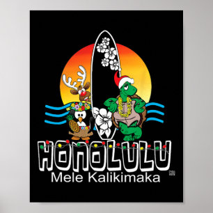 Cute Honolulu Oahu Hawaii Island Surfing Christmas Poster